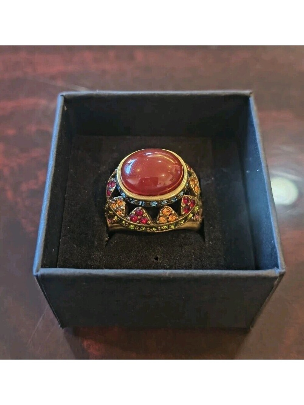 BEAUTIFUL HEIDI DAUS CABACHON MULTICOLOR CRYSTAL AND BRONZE COCKTAIL RING 6